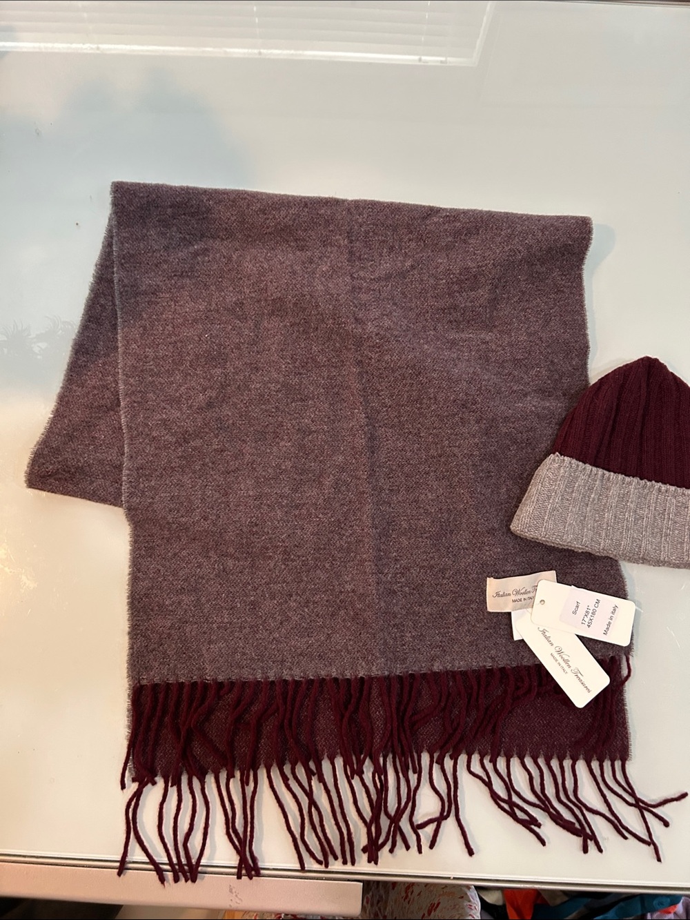 NWT  Reversible purplish?  Burgundy wool Scarf and hat Italian Woolen Treasures